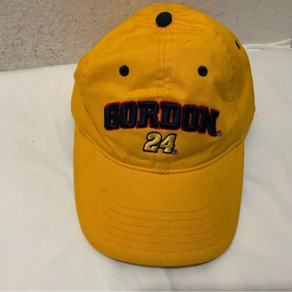 Embroidered GORDON 24 Yellow Nascar Strapback Hat Cap Sewn Signature Under Bill